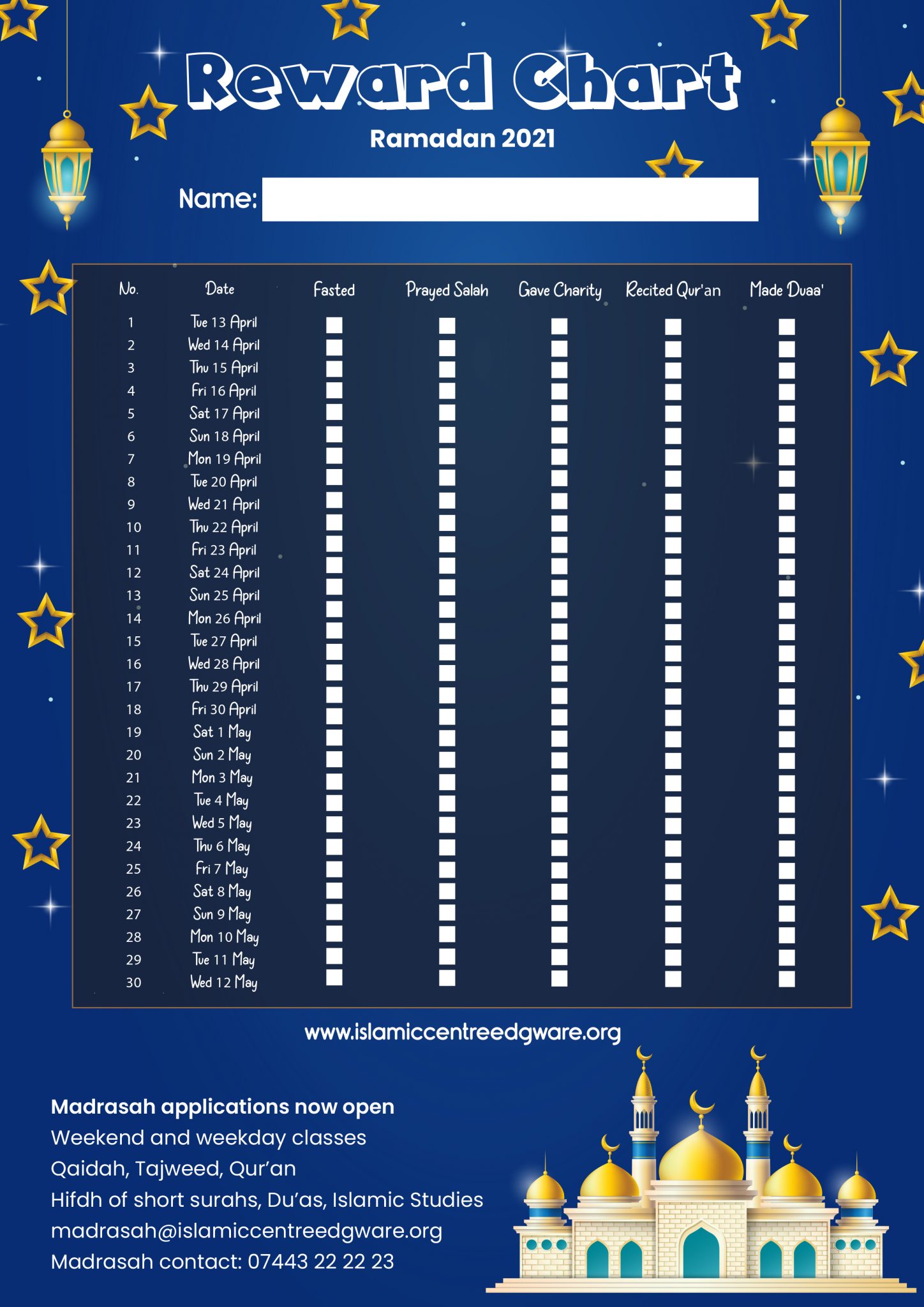 Ramadan Chart Islamic Centre Edgware