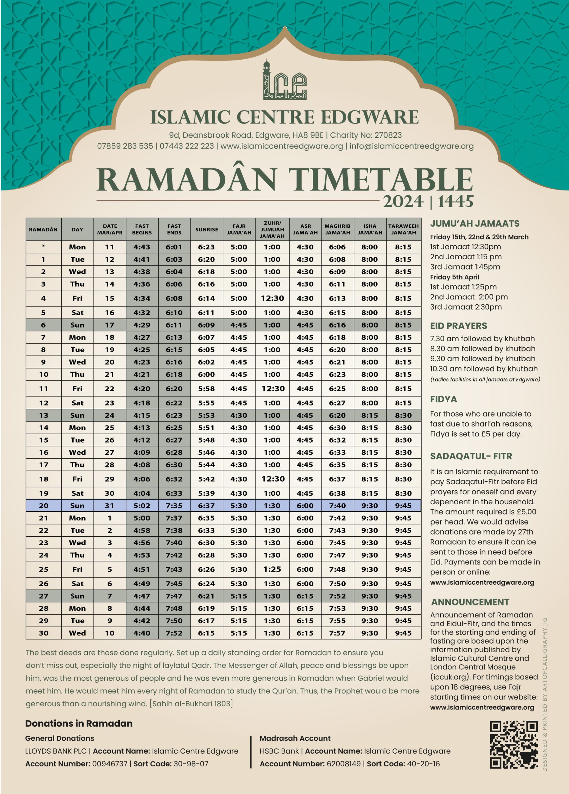 Timetable 2024 – Islamic Centre Edgware